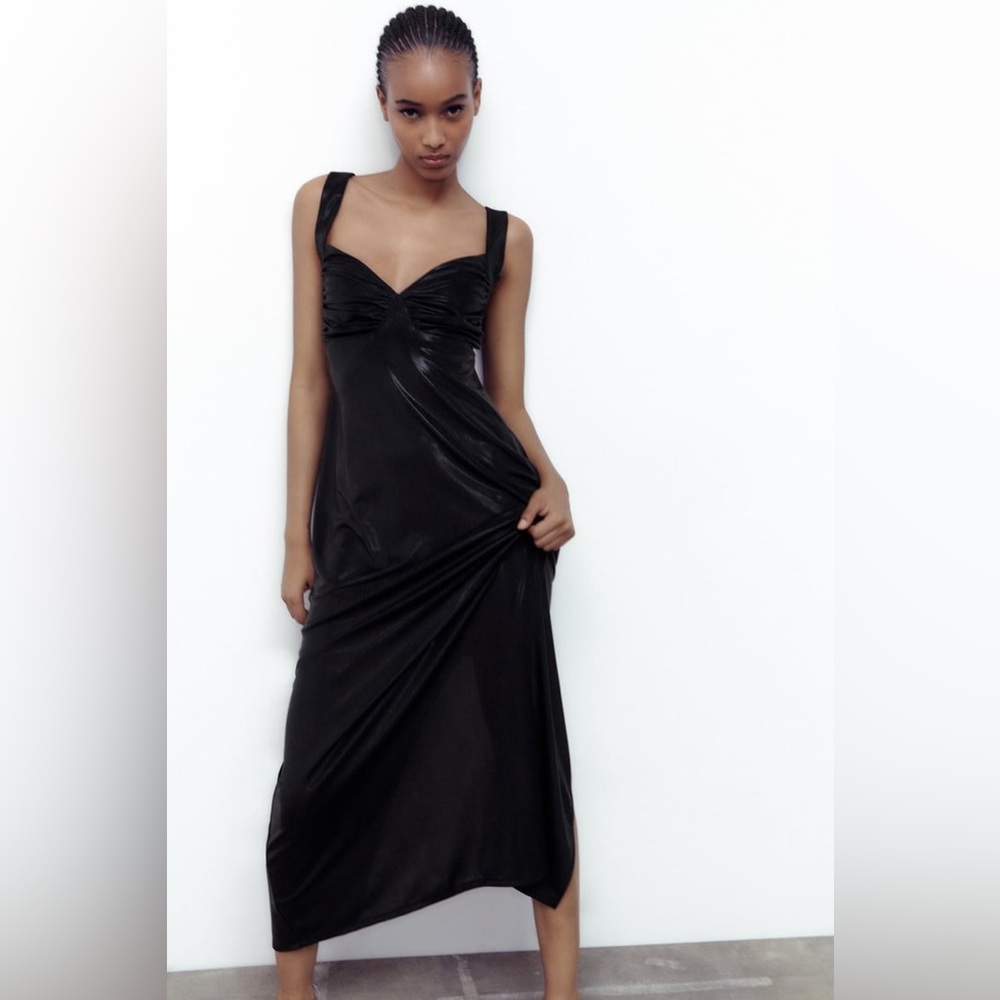 Zara NWT Long Ruched Dress in Black Metallic Maxi Open Back Size M Medium New